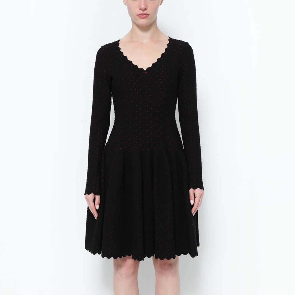 Alaïa Black Scalloped Long-Sleeve Skater Dress with Blue Detailing V-Neckline